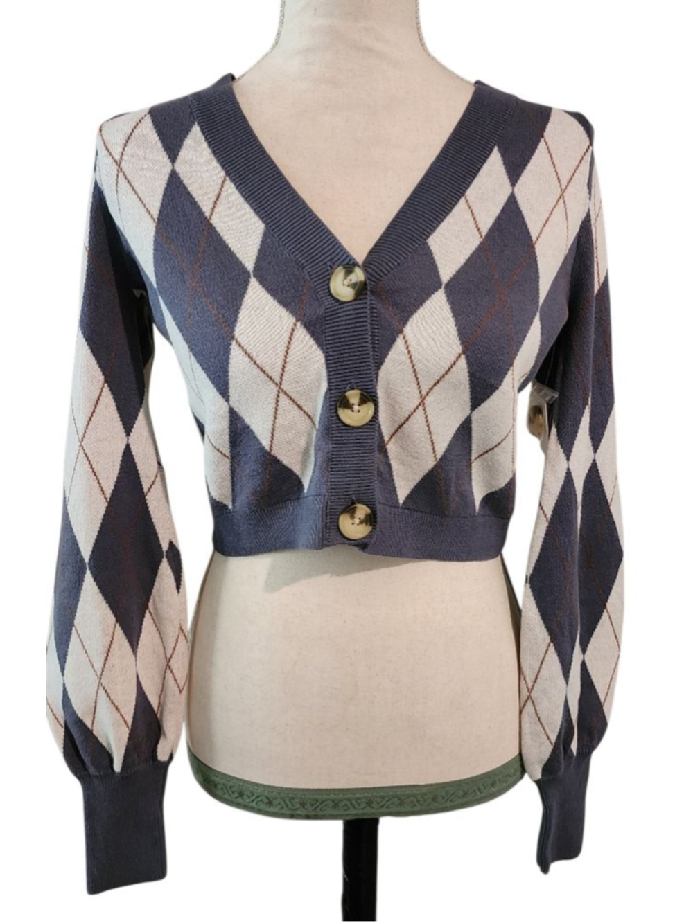 NWT SO XS Harlequin Argyle Cropped Cardigan Sweater Blue Tan White 100% Cotton